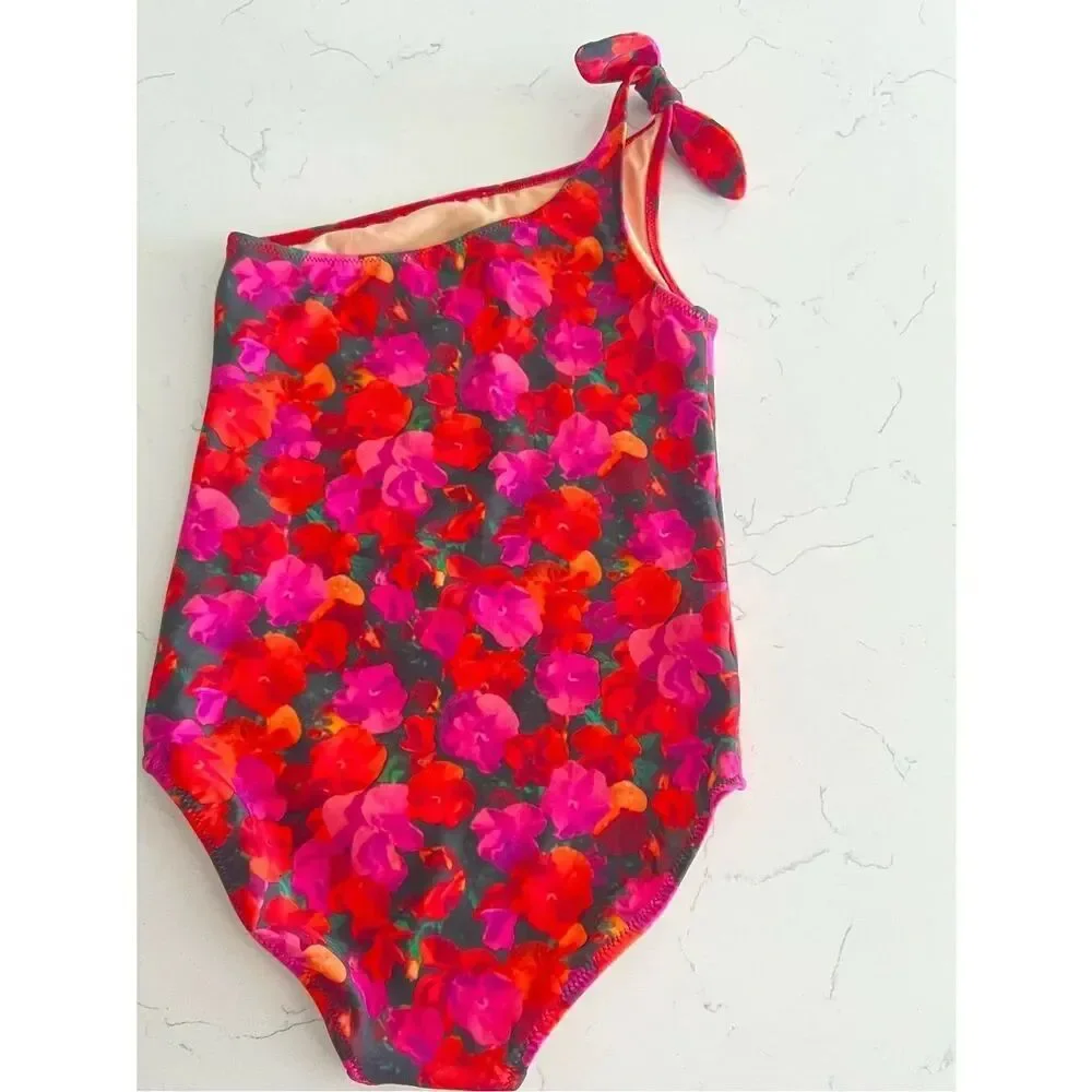Crewcuts Girl one shoulder Swimsuit pansy floral Size 6-7 NWT